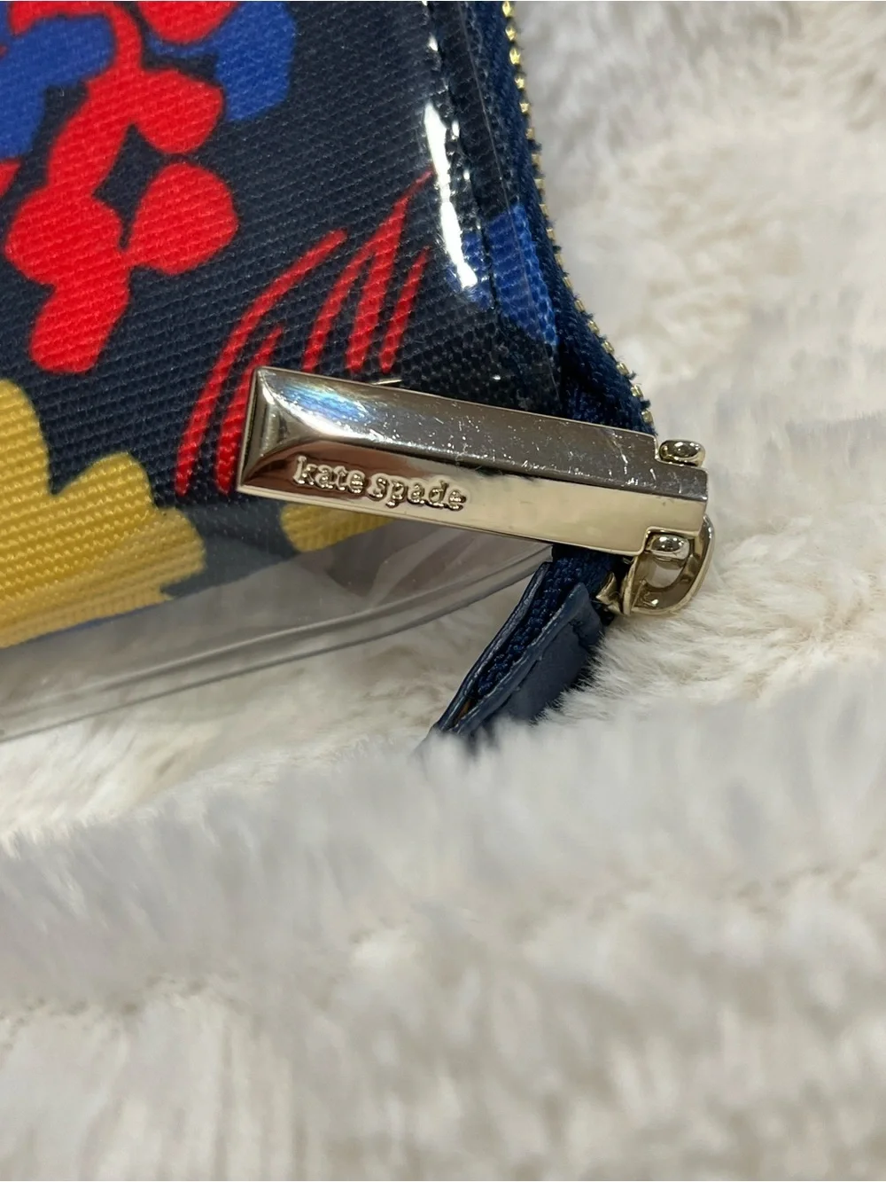 kate spade navy clear floral cosmetic pouch with red and yellow accents